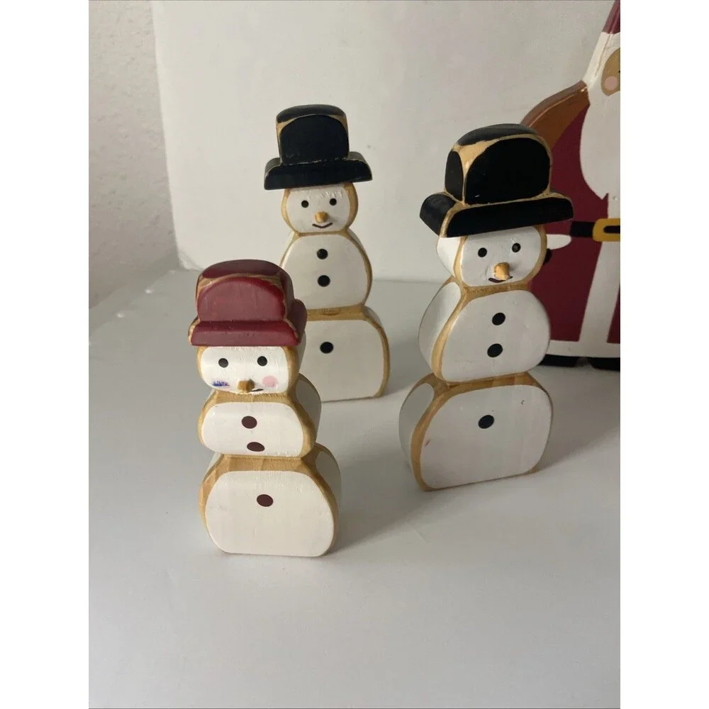 Pottery Barn Wood Santa Reindeer Snowman Forest Scene Figurine Set Christmas